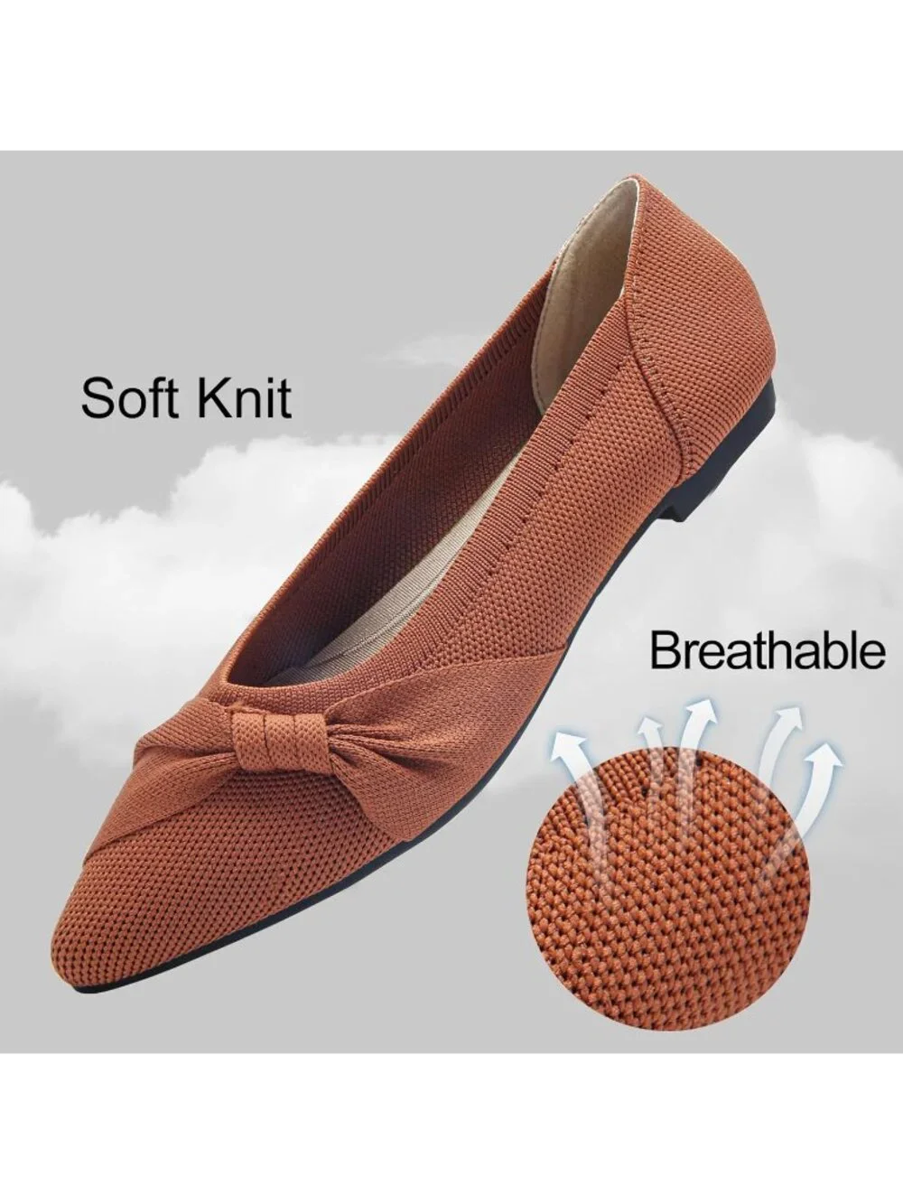 Women's Brown Mesh Comfortable Ballet Flats Pointed Toe Lightweight Casual Shoes